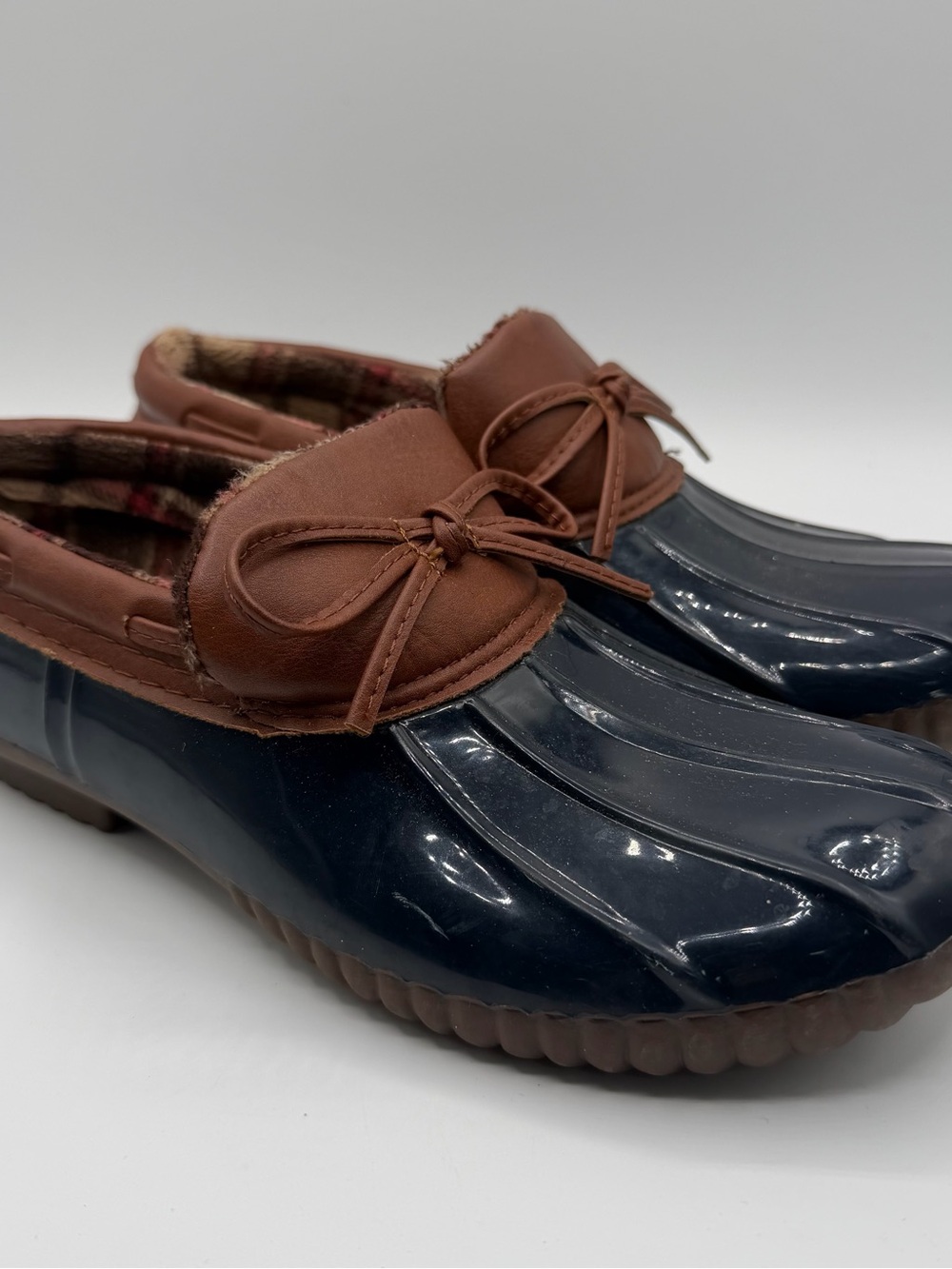 Jessica Carlyle Helene Duck Rain Clogs Plaid Lined Women’s 10 Navy Brown